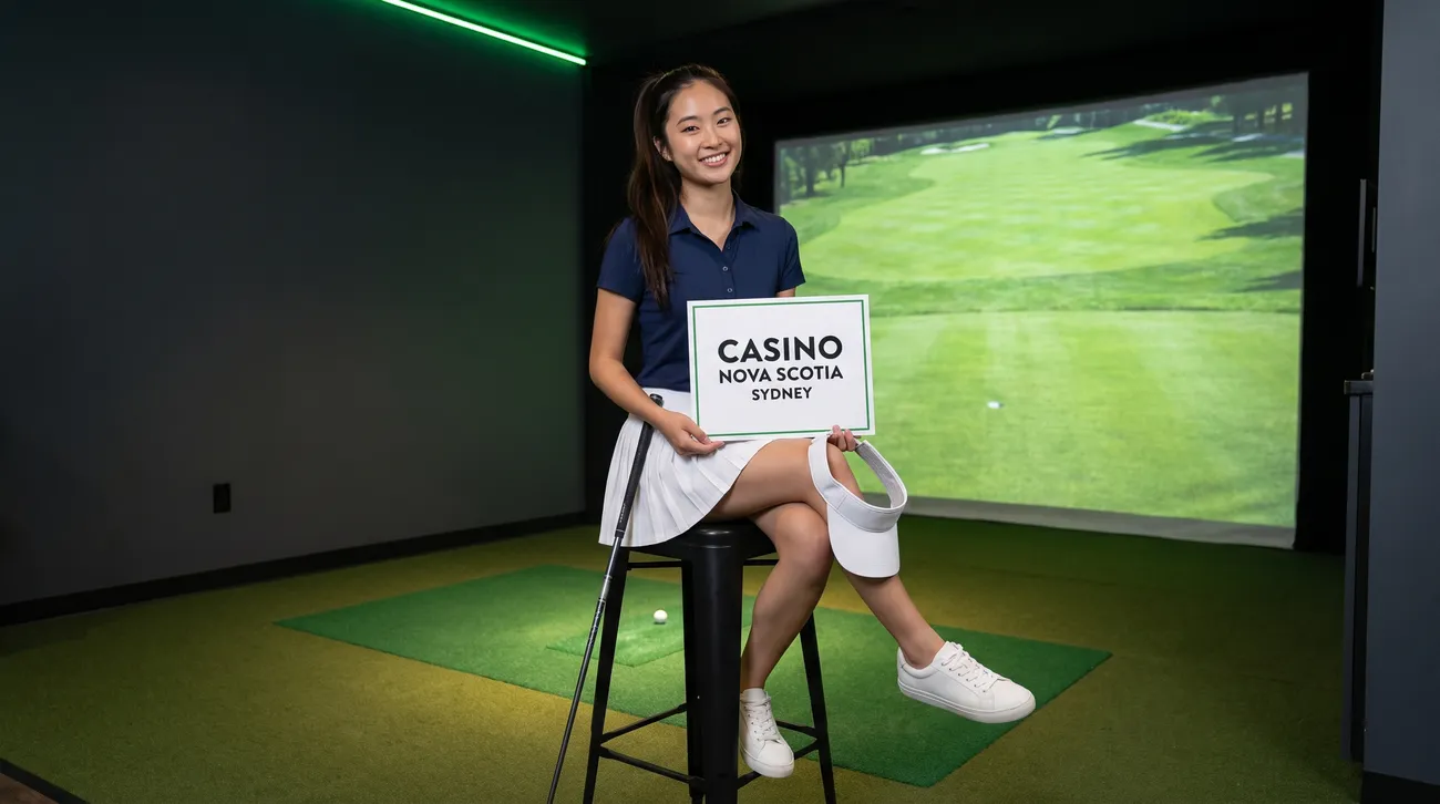 Generated picture of a character created for this guide: a young woman with a black ponytail, a navy polo and a white pleated mini skirt sits on a tall stool in a golf simulator bay, holding a white card that reads Casino Nova Scotia Sydney; a fairway fills the projection screen behind her.