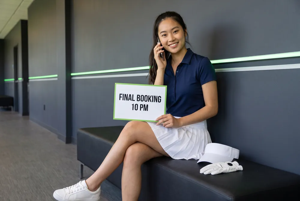 Generated picture of the same character on a bench in a charcoal corridor, phone to her ear, holding a card that reads Final booking 10 PM; a visor and a golf glove lie beside her.